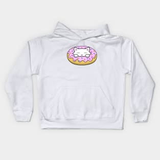 Cute white kitten eating a yummy looking pink doughnut with sprinkles on top of it Kids Hoodie